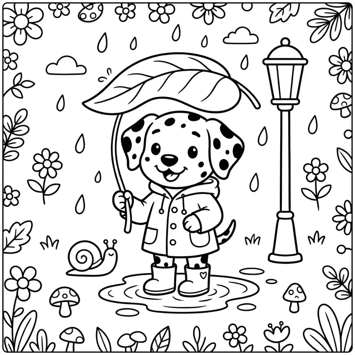Dalmatian Puppy coloring page with raincoat