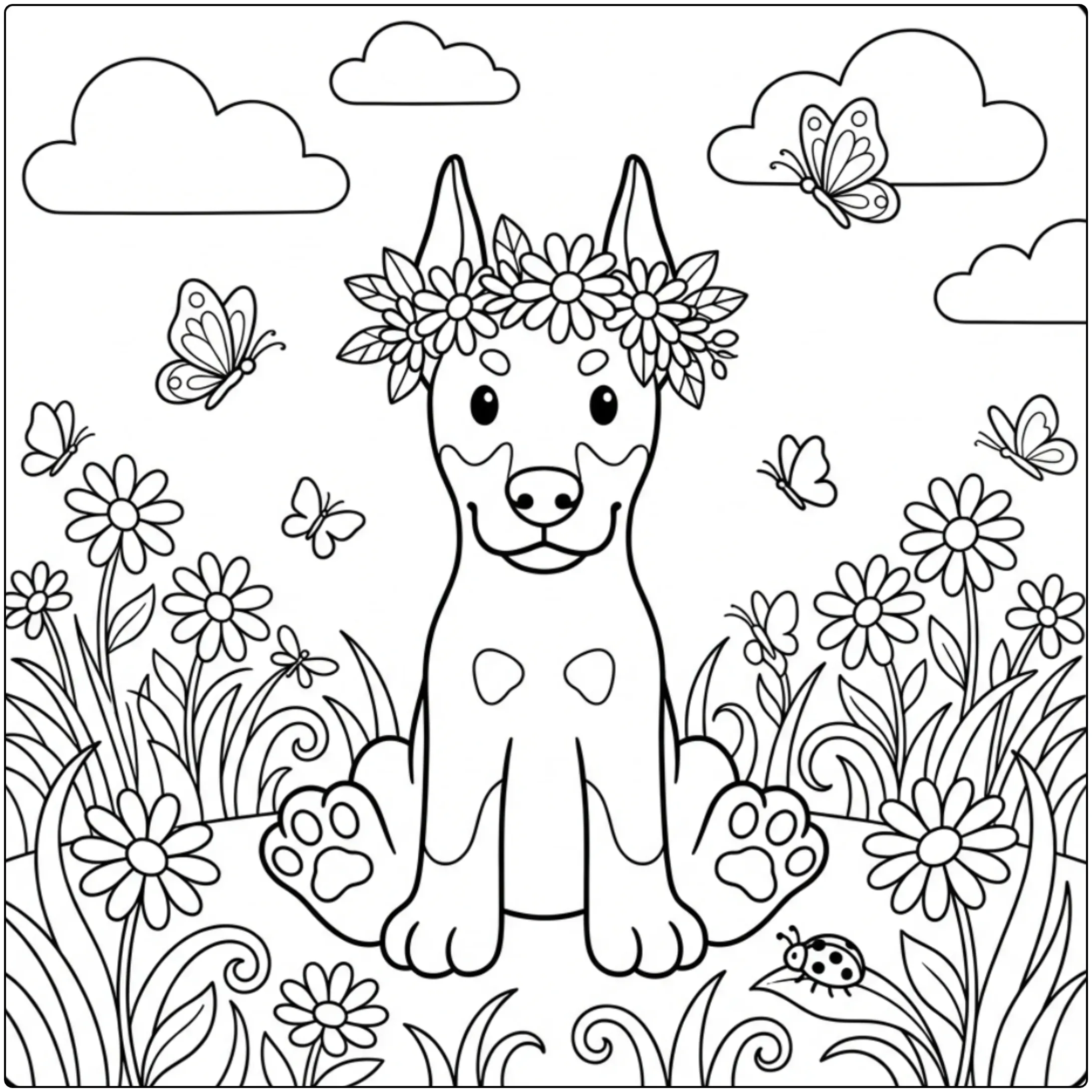 Cute Doberman coloring page with a flower crown and butterflies