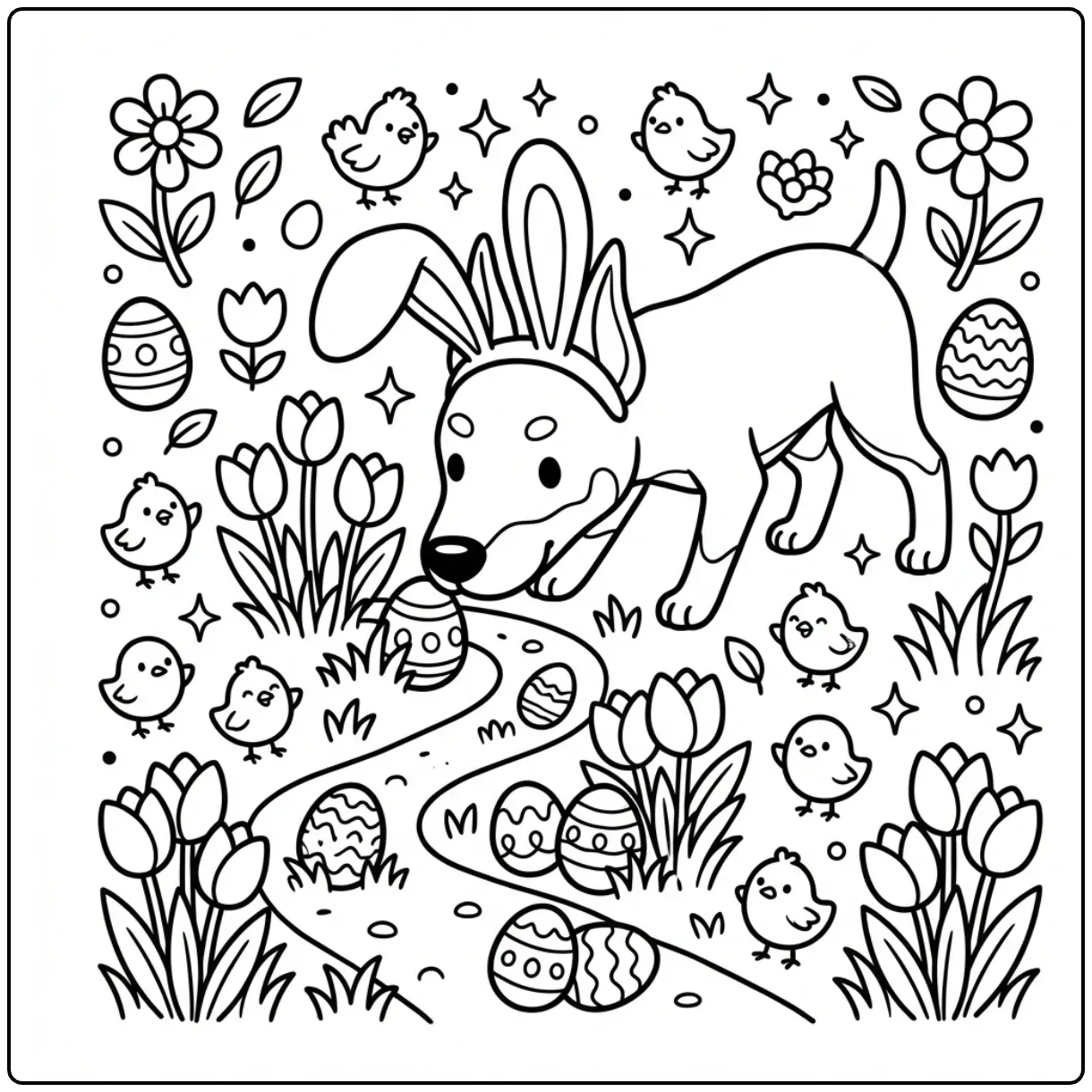 Printable Easter Doberman coloring page sniffing tulips.