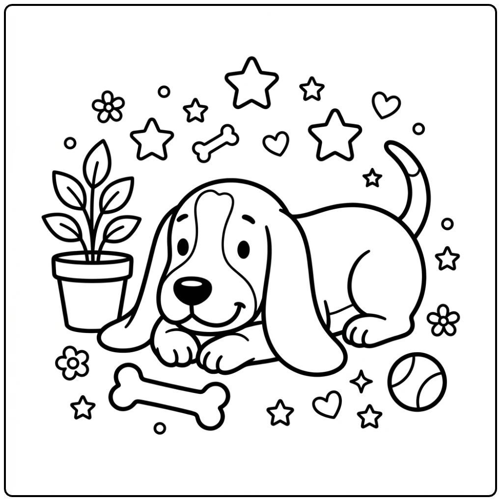 Easy Basset Hound coloring page dog with bone