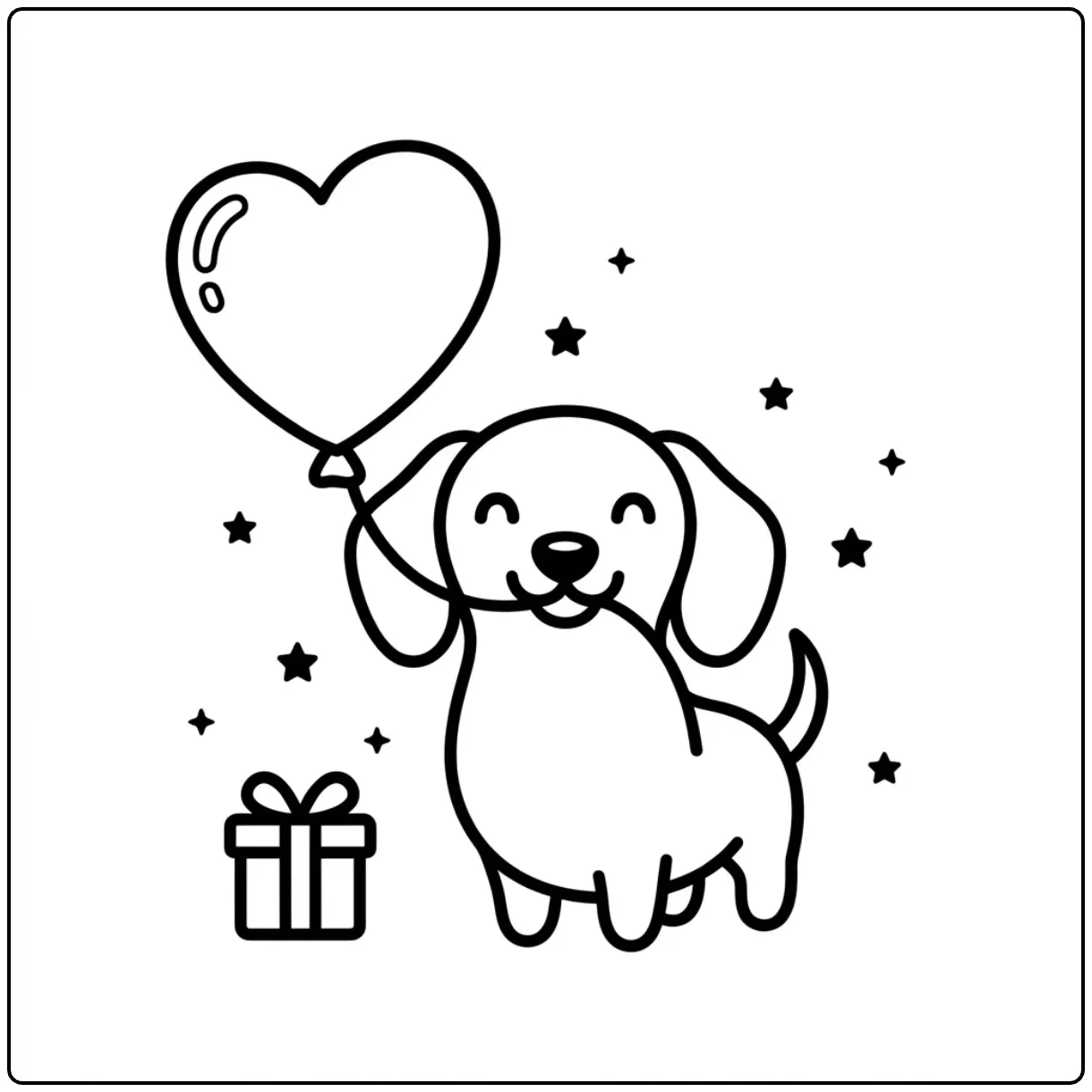 Easy Dachshund coloring page with heart balloon and gift box.