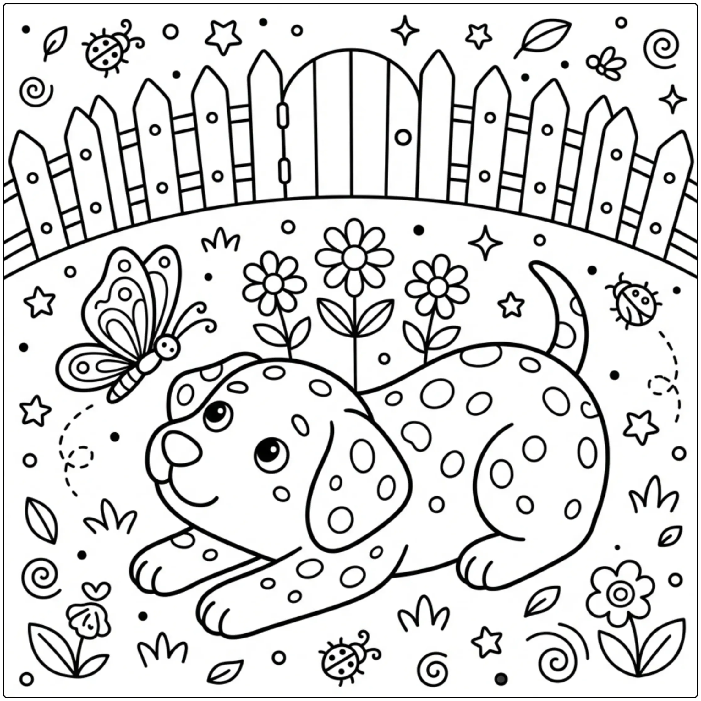 Printable Easy Dalmatian coloring page with flowers.