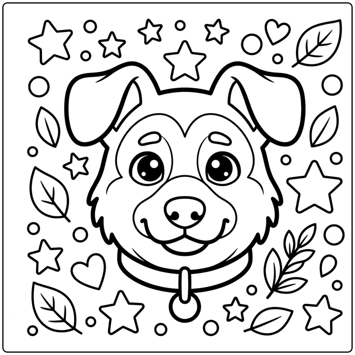 An easy German Shepherd coloring page face close-up with stars.