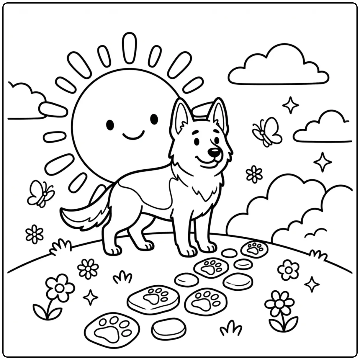 An easy German Shepherd coloring page with a dog on a hill.