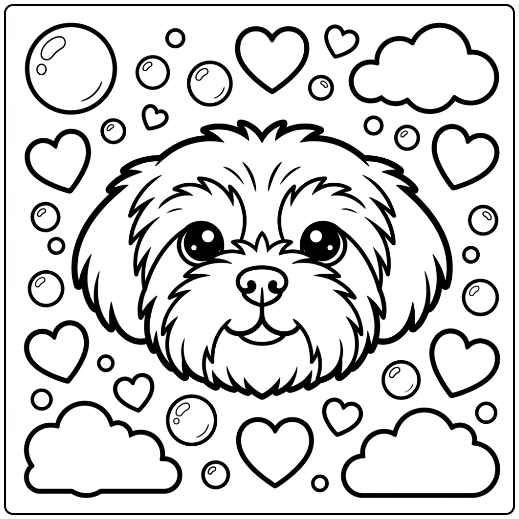 An easy Shih Tzu coloring page with hearts and bubbles.