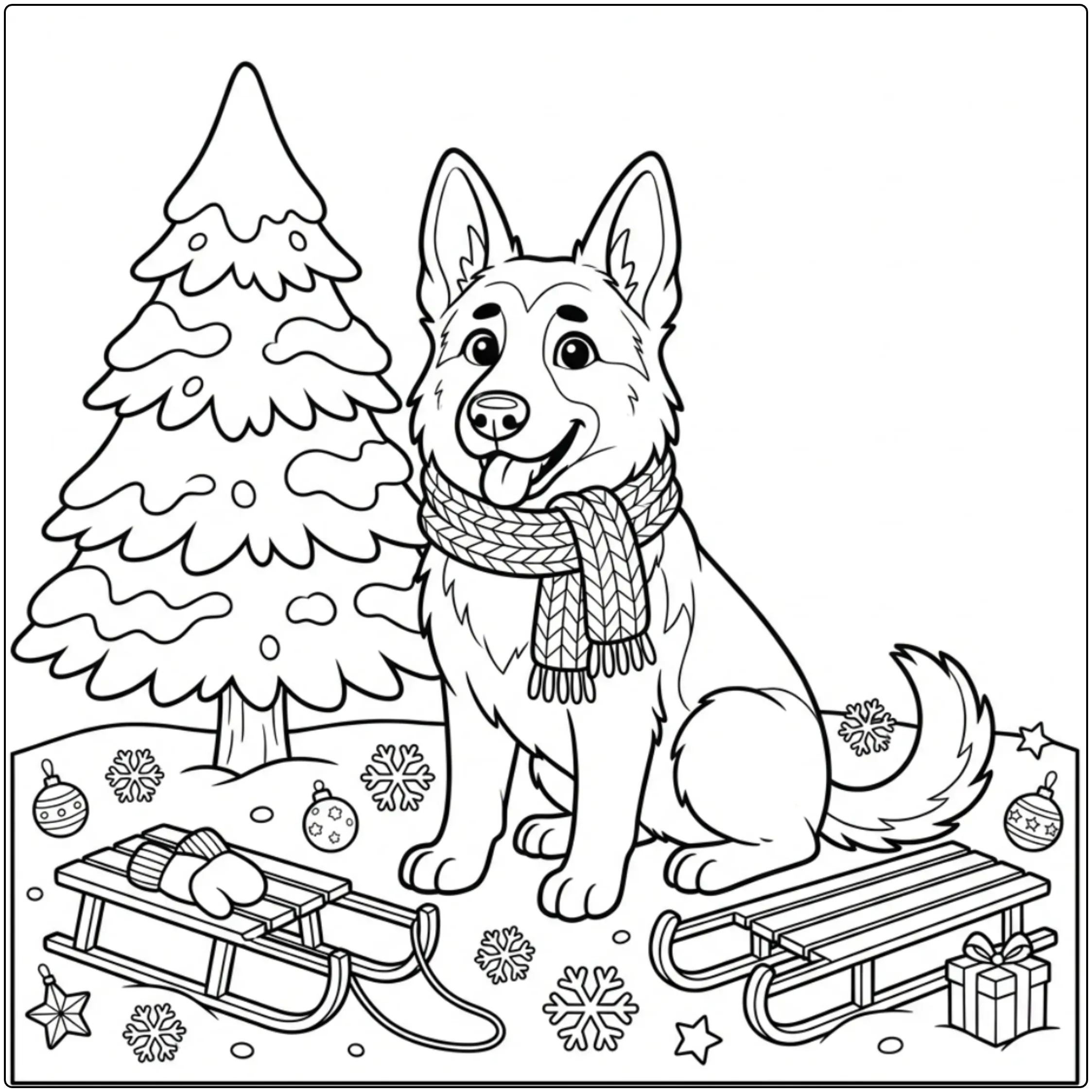 Winter themed German Shepherd coloring page with scarf.