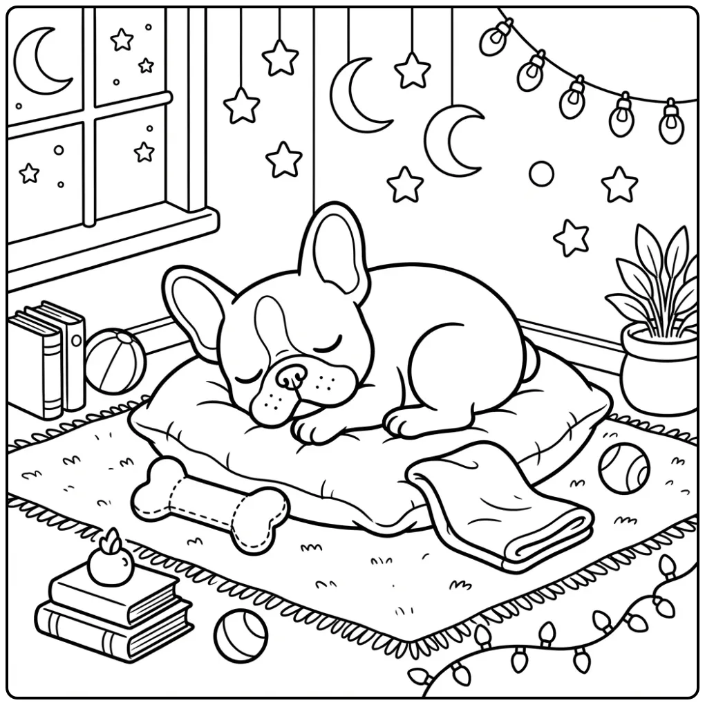 A sleepy French Bulldog Puppy Coloring Page with a cozy pillow.