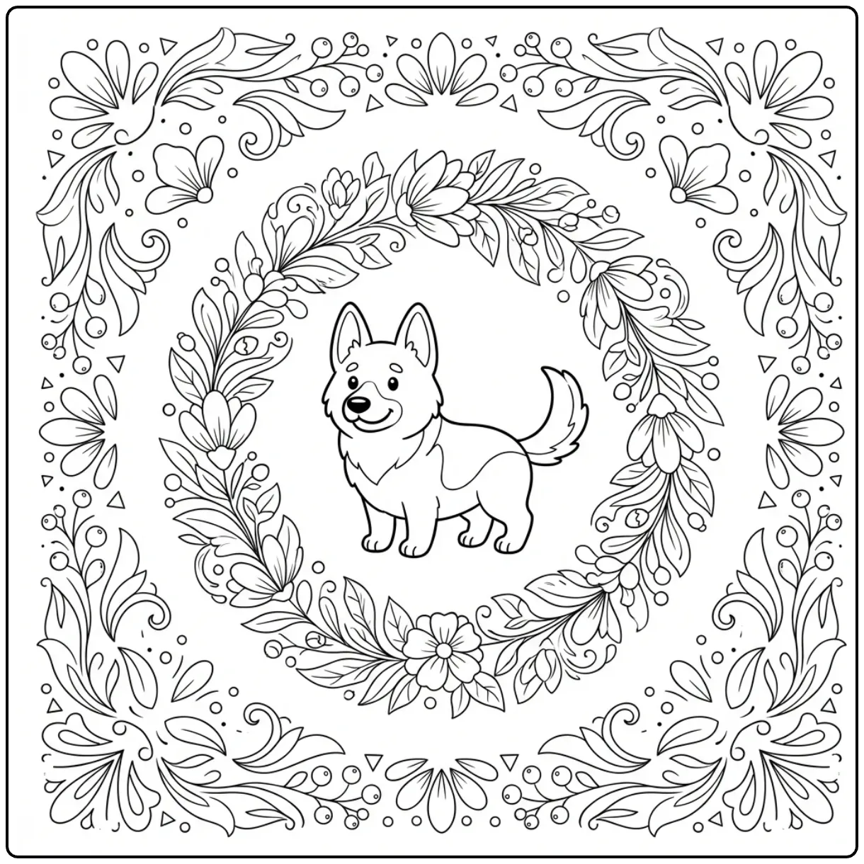 Floral German Shepherd coloring page for adults vector art.