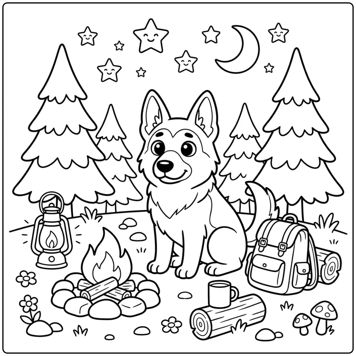 Camping German Shepherd coloring page with backpack