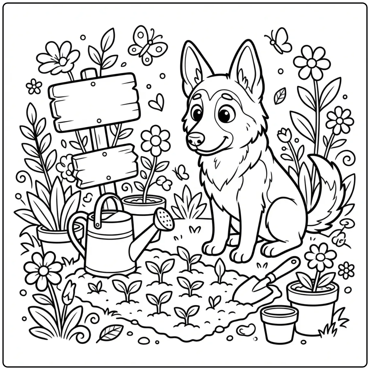 Gardening German Shepherd coloring page with butterflies.