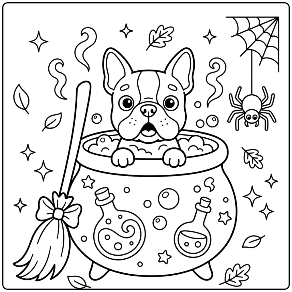 Halloween Boston terrier coloring page of a dog in a pot