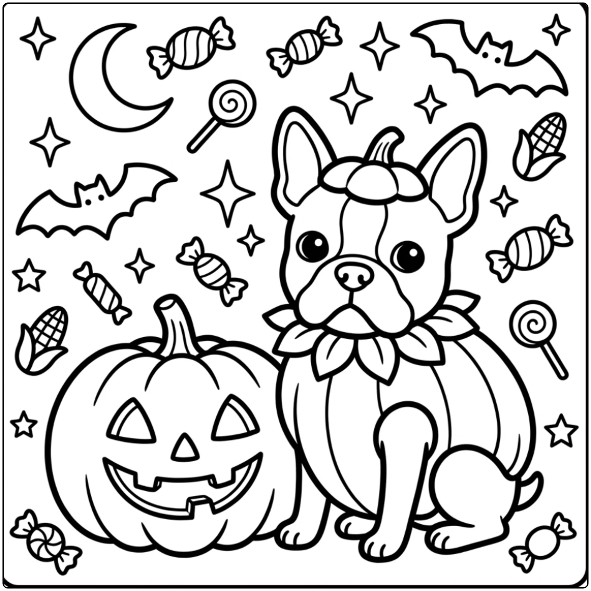 A fun Halloween Boston terrier coloring page with bats