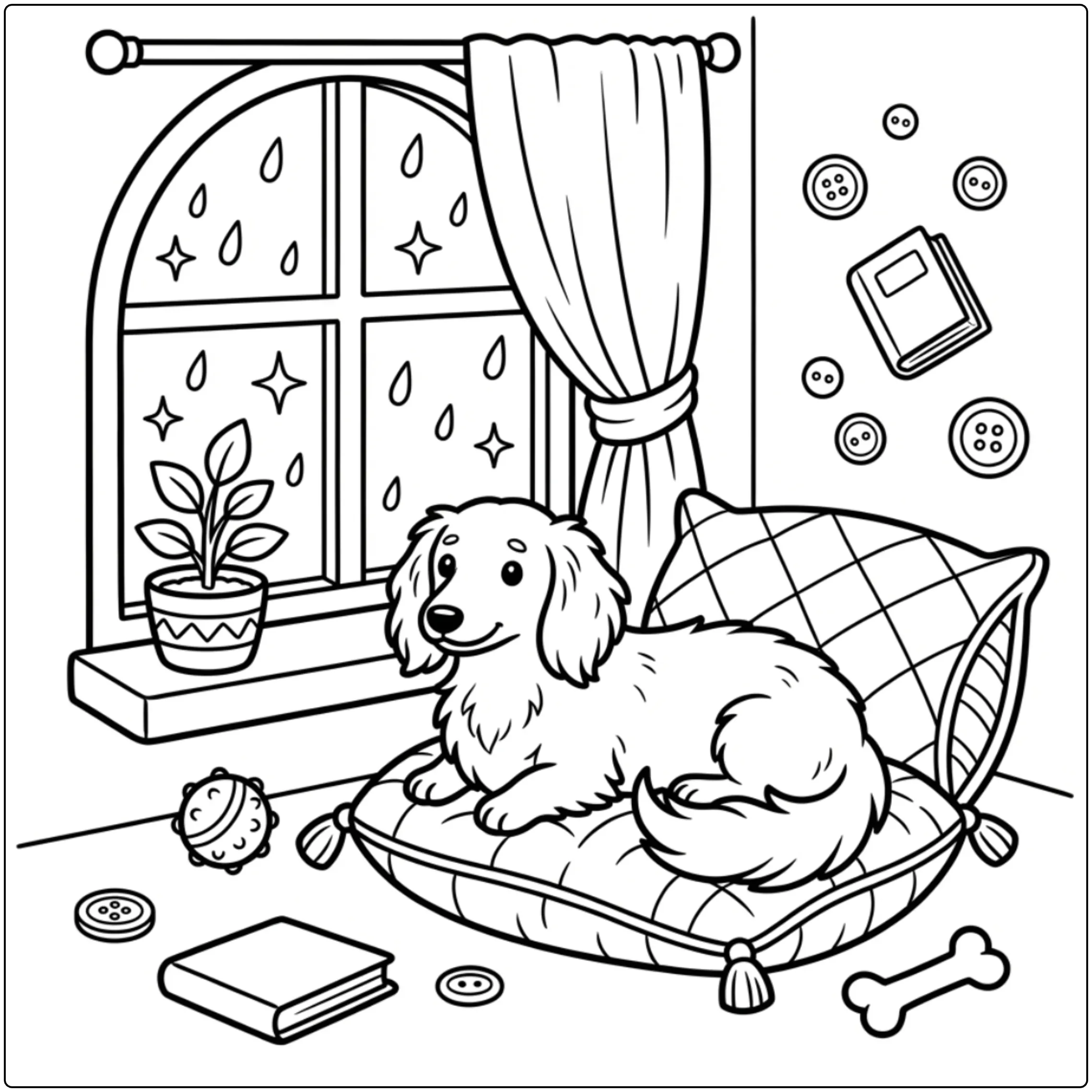 Cozy Long haired Dachshund coloring page with puppy on pillow