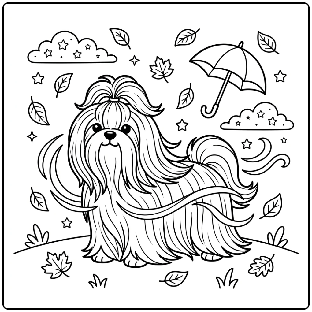 Windy day scene long haired Shih Tzu coloring page with leaves