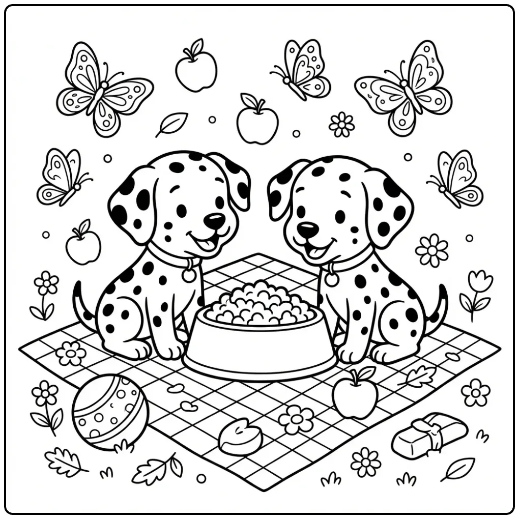 Dalmatian coloring page of two puppies sharing food.