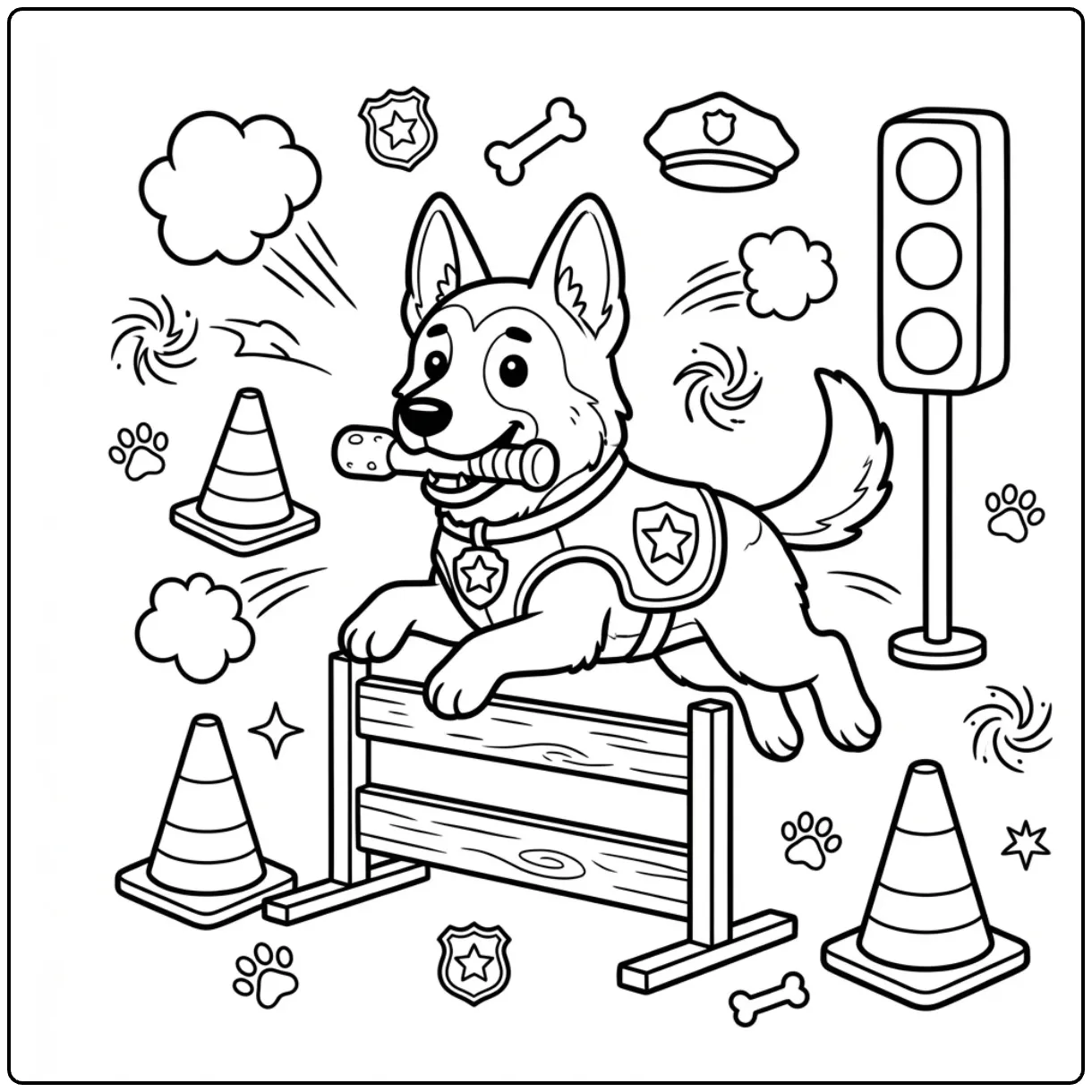 Action police dog German Shepherd coloring page with toy.