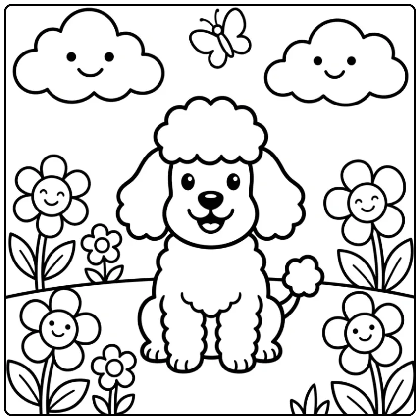A happy Poodle Coloring Page For Toddlers in a sunny meadow.