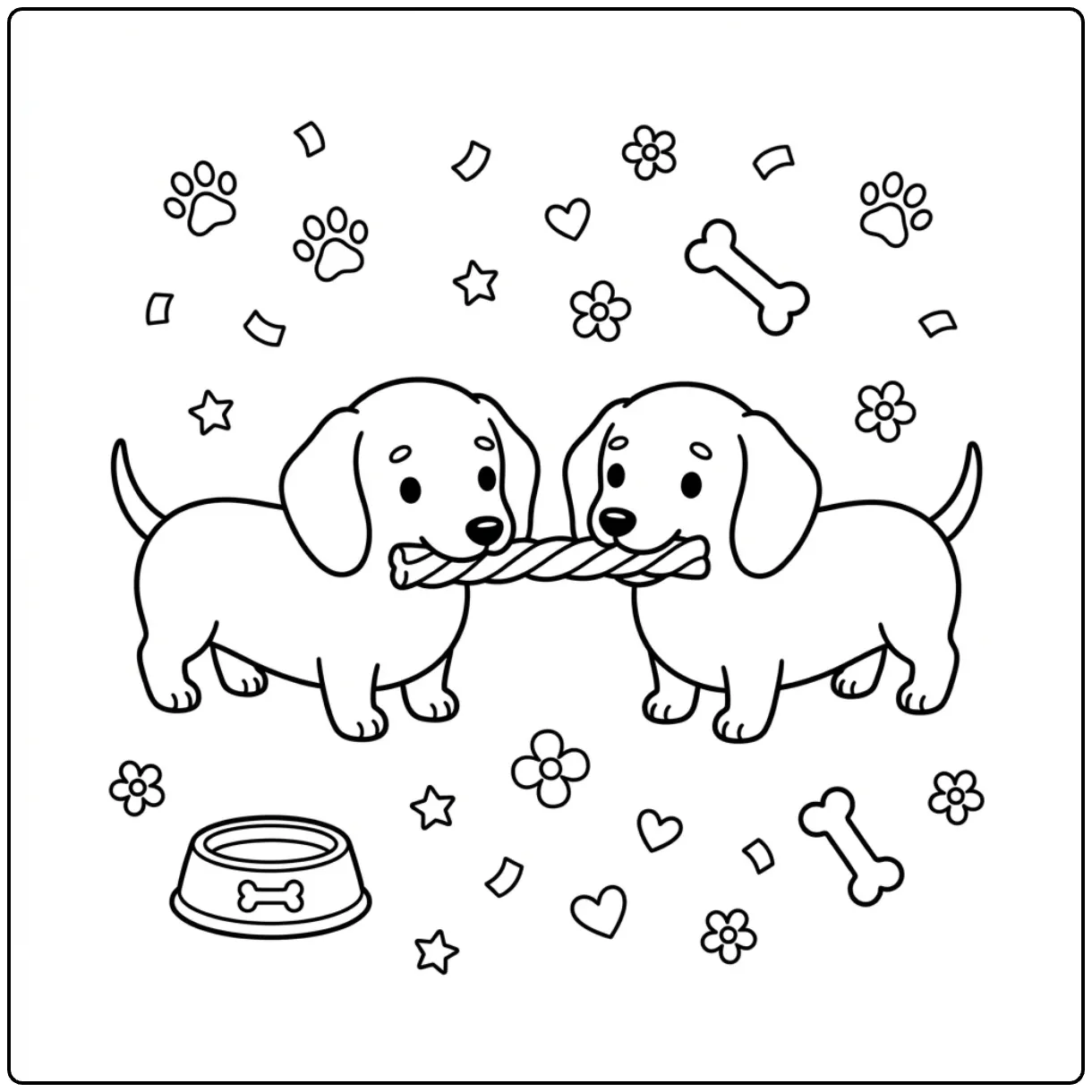 Two dogs playing on a Dachshund Puppy coloring page.