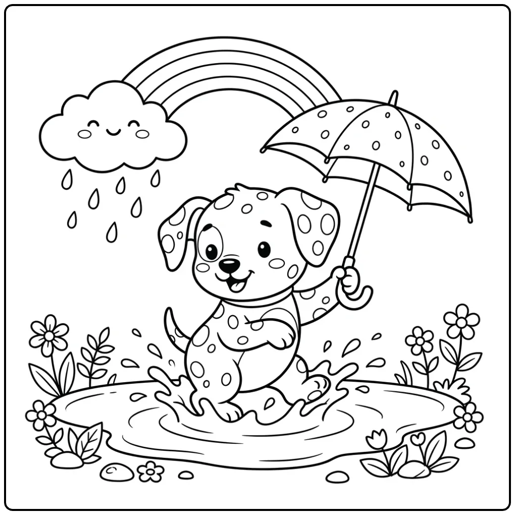 Dalmatian coloring page of a puppy splashing in a rain puddle.