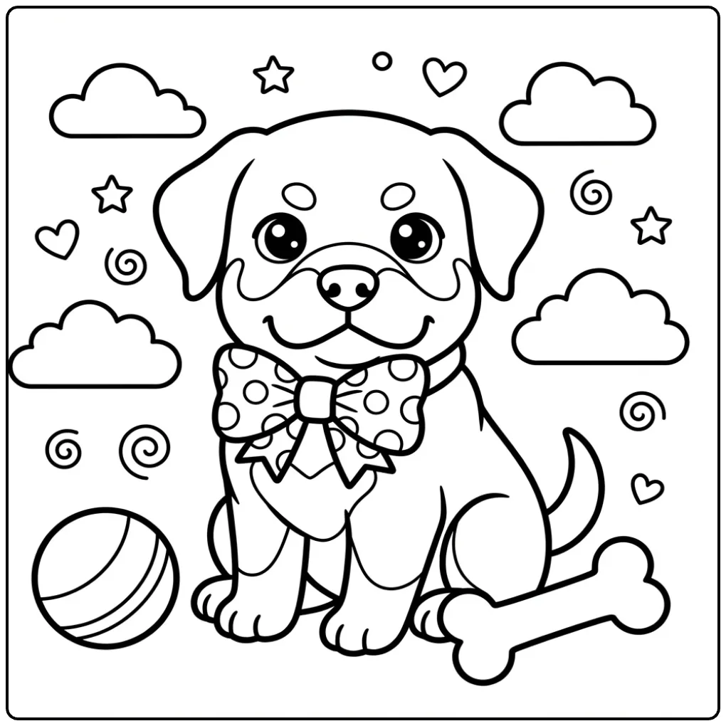 Printable Rottweiler coloring page of a puppy with toys