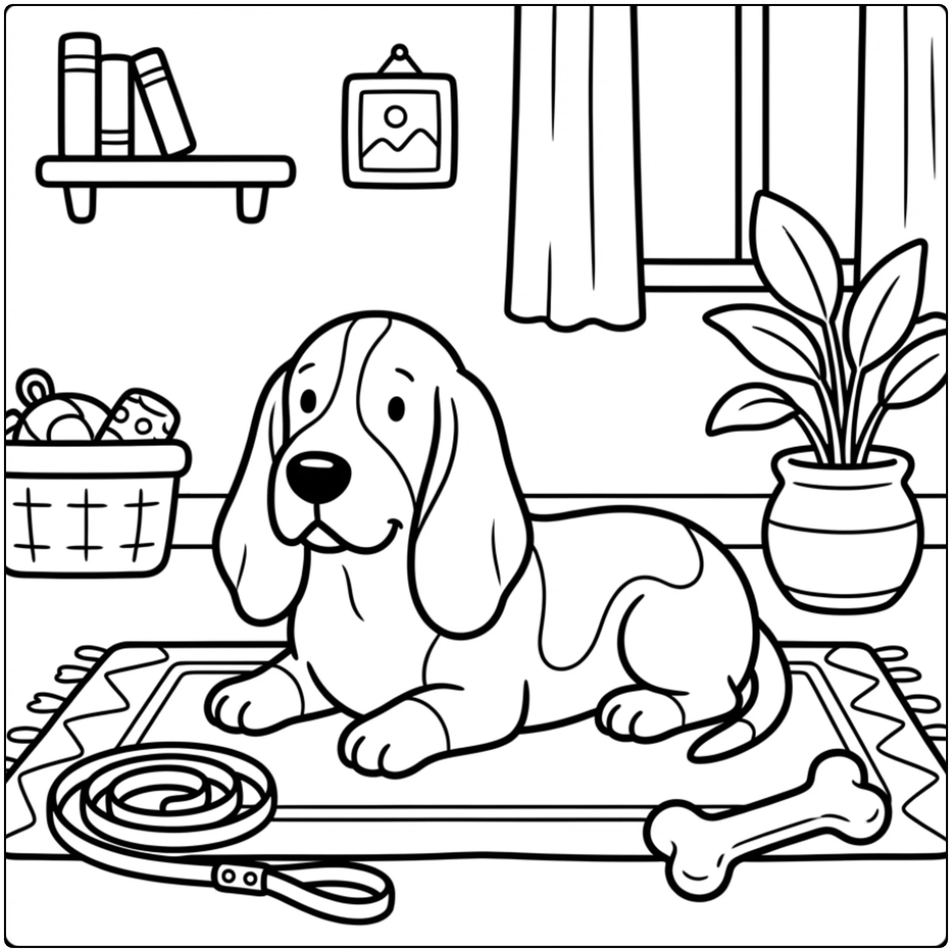 Relaxed Realistic Basset Hound coloring page on a mat.
