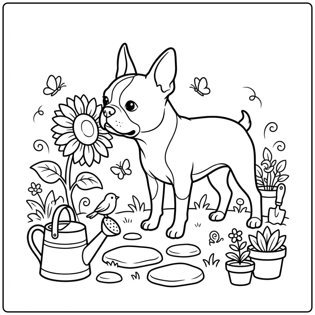 A realistic Boston Terrier coloring page sniffing a sunflower.