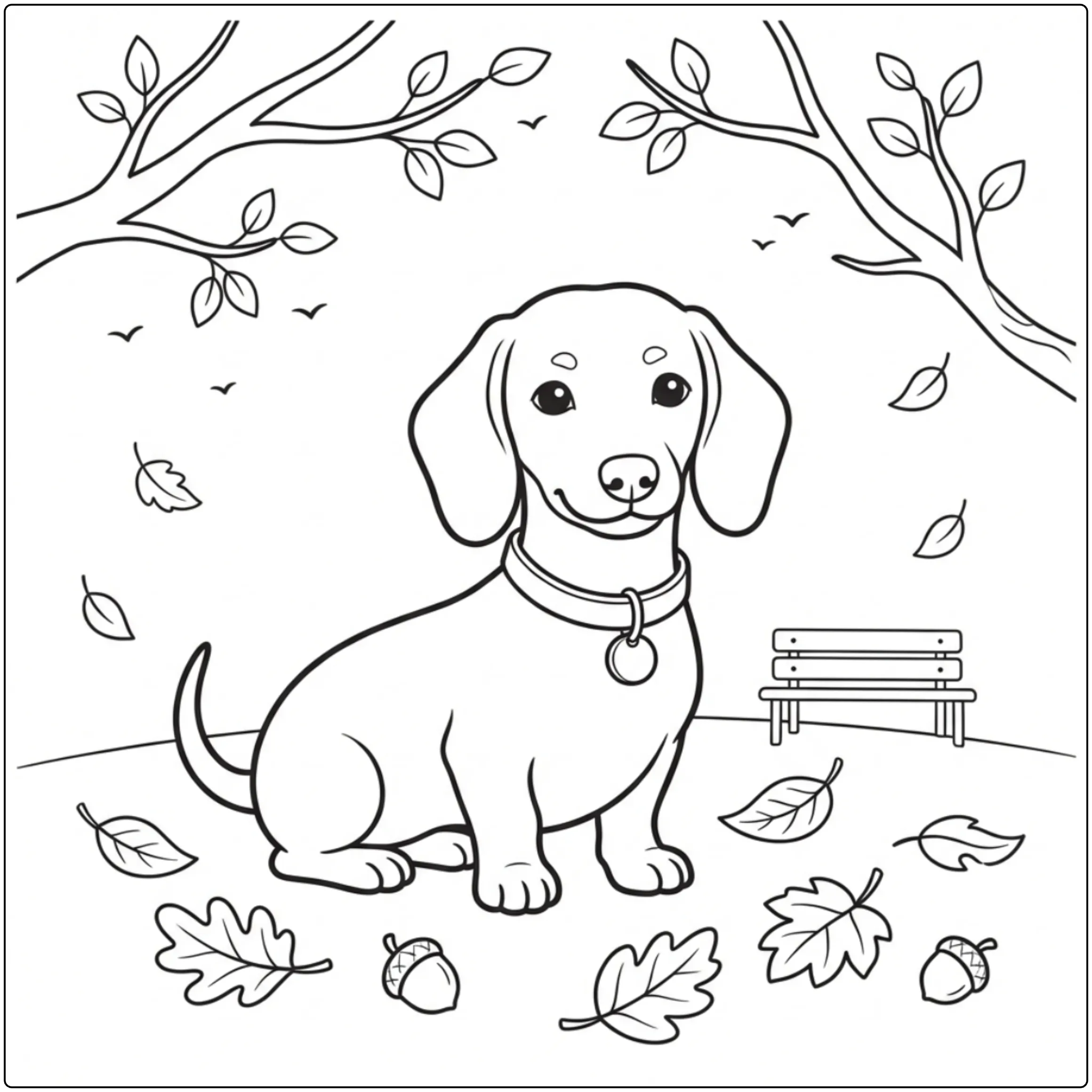 Realistic Dachshund coloring page with leaves and a bench.