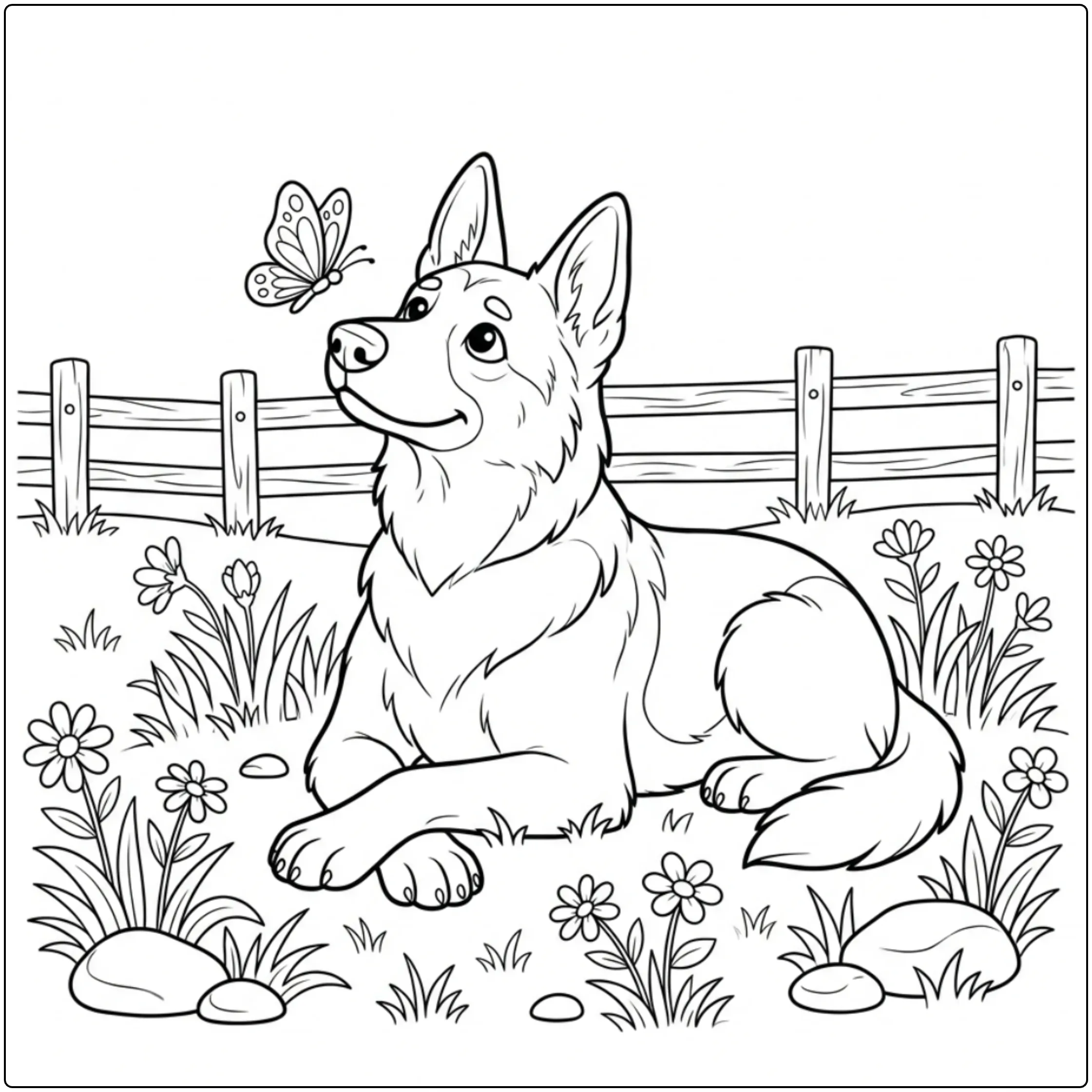 A realistic German Shepherd coloring page of a dog in grass