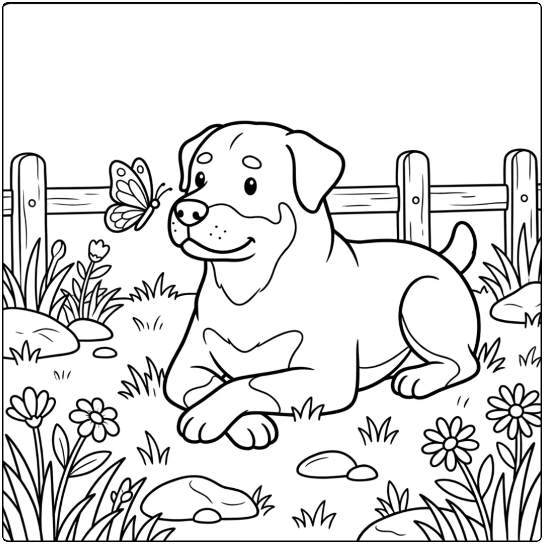 Realistic Rottweiler coloring page with a dog watching a butterfly.