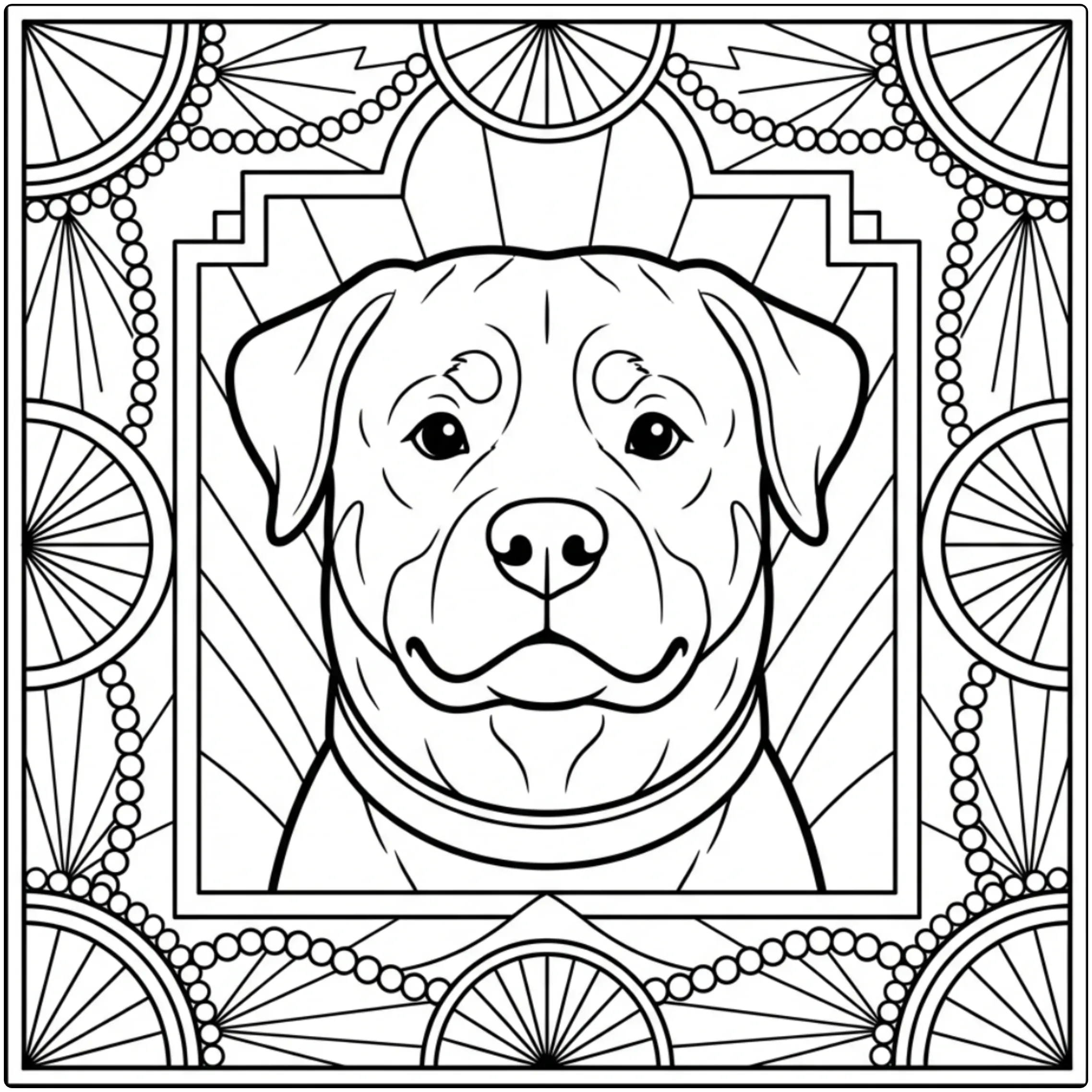 Rottweiler coloring page for adults in Art Deco frame