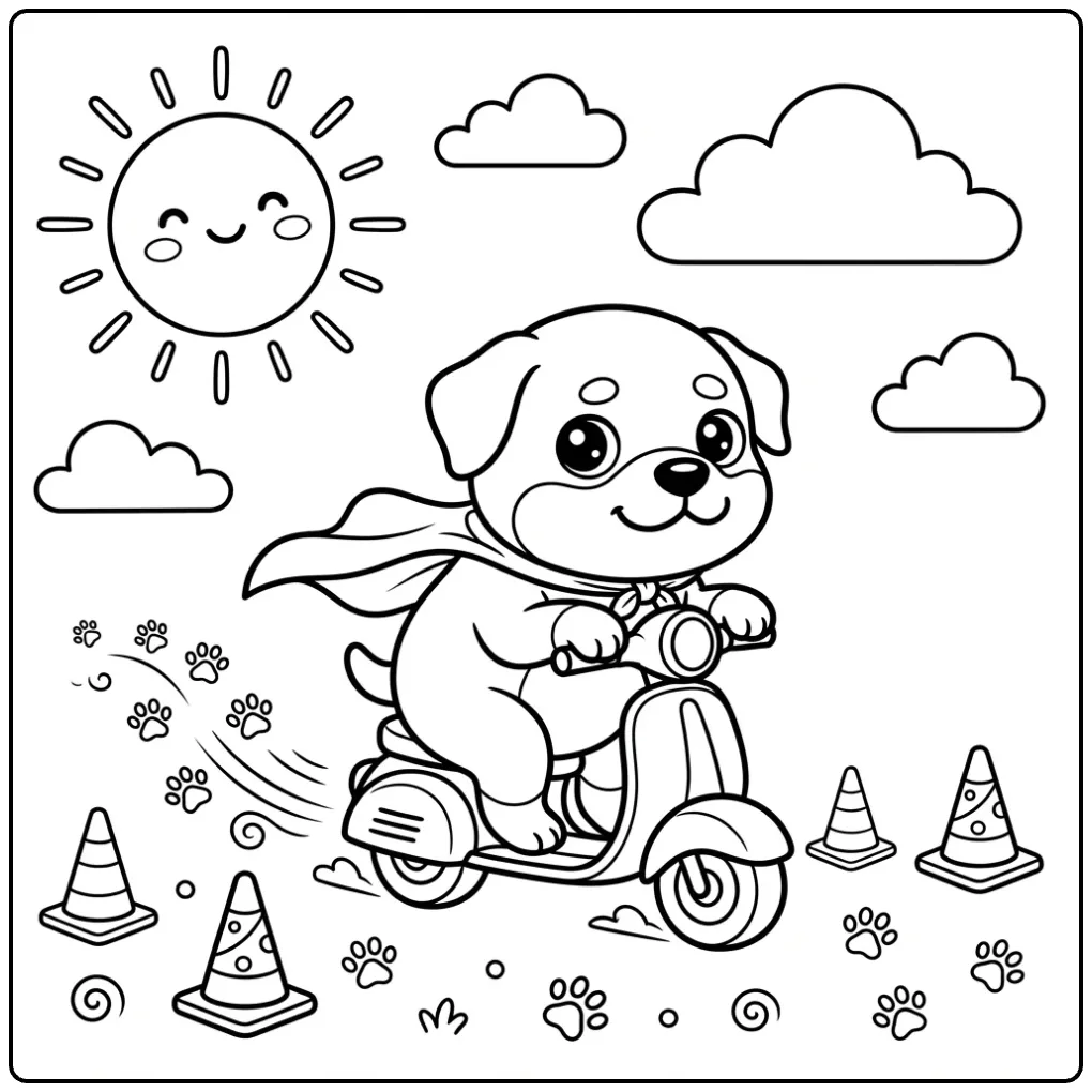 Cute Rottweiler coloring page of a pup riding a scooter.