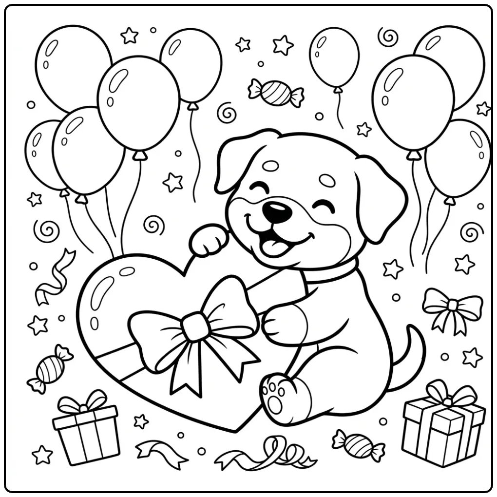 Printable Cute Rottweiler coloring page hugging a giant heart.