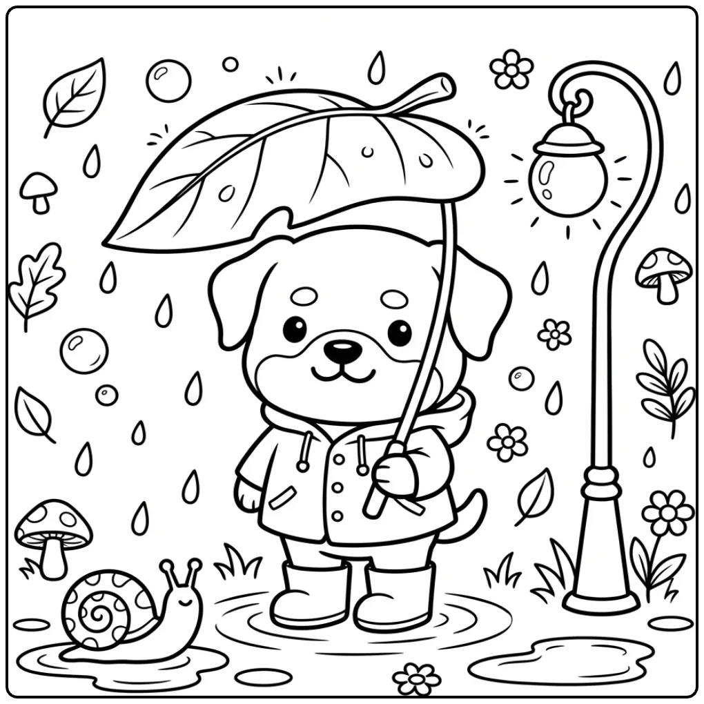 Rottweiler coloring page of a pup in raincoat and boots.