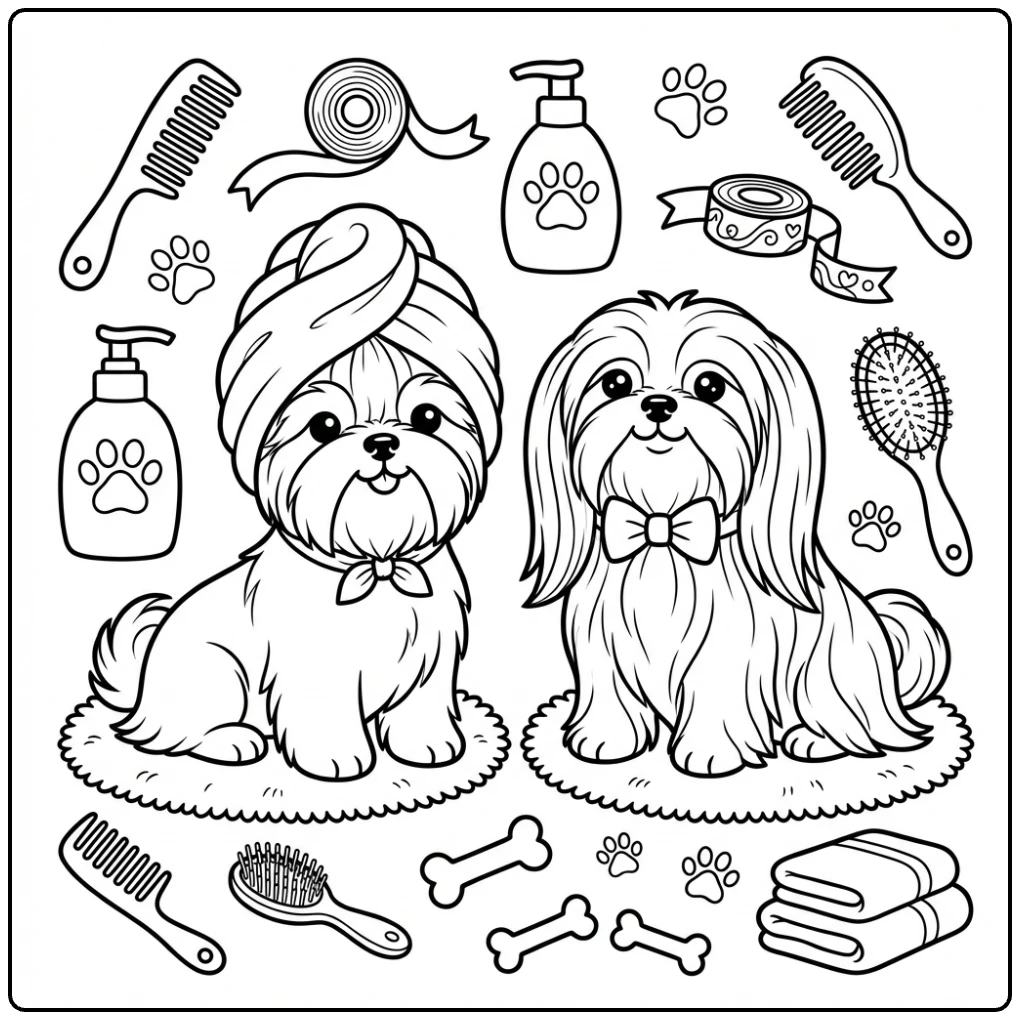 Two dogs spa day long haired Shih Tzu coloring page art