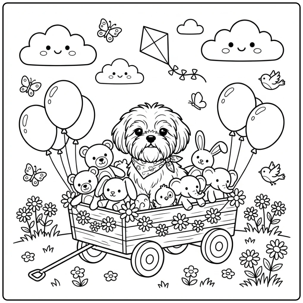 A cute Shih Tzu coloring page in a wagon with toys.