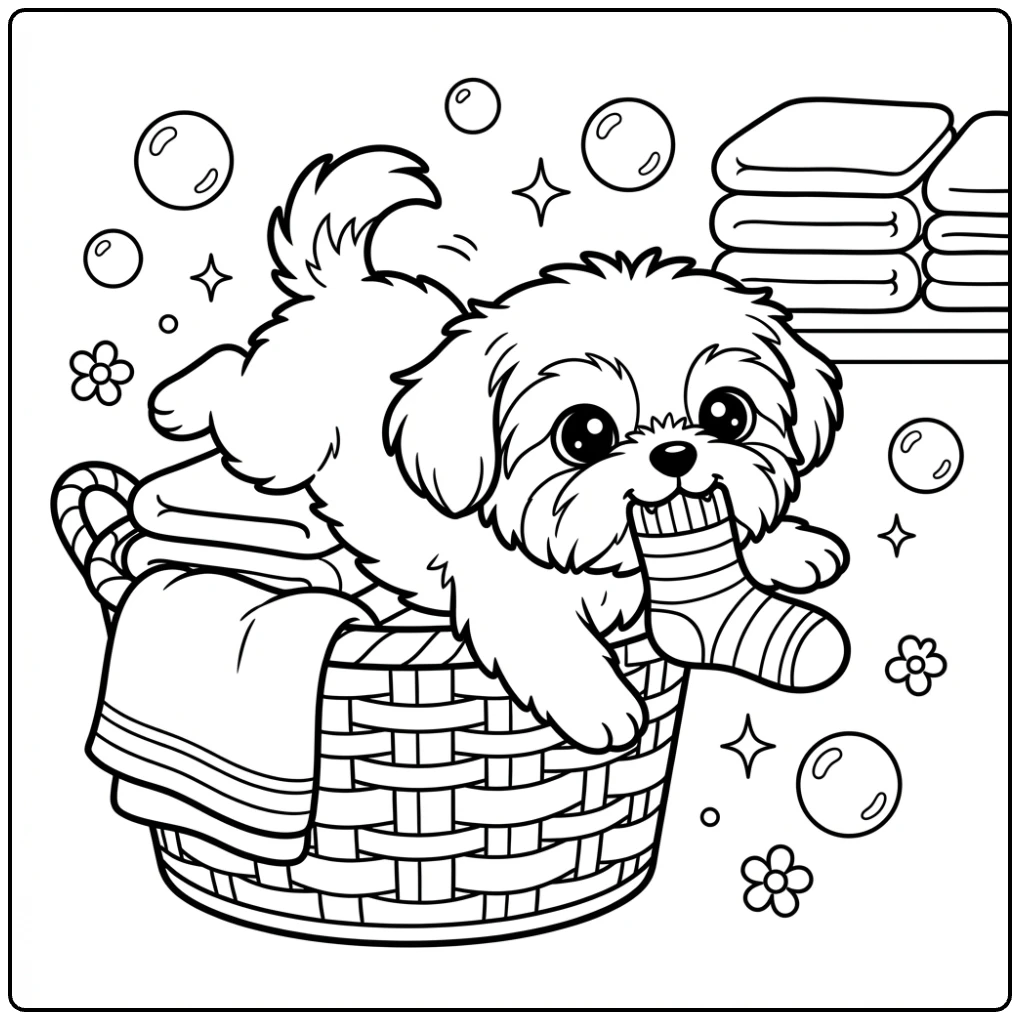 Playful Shih Tzu Puppy coloring page with a striped sock.