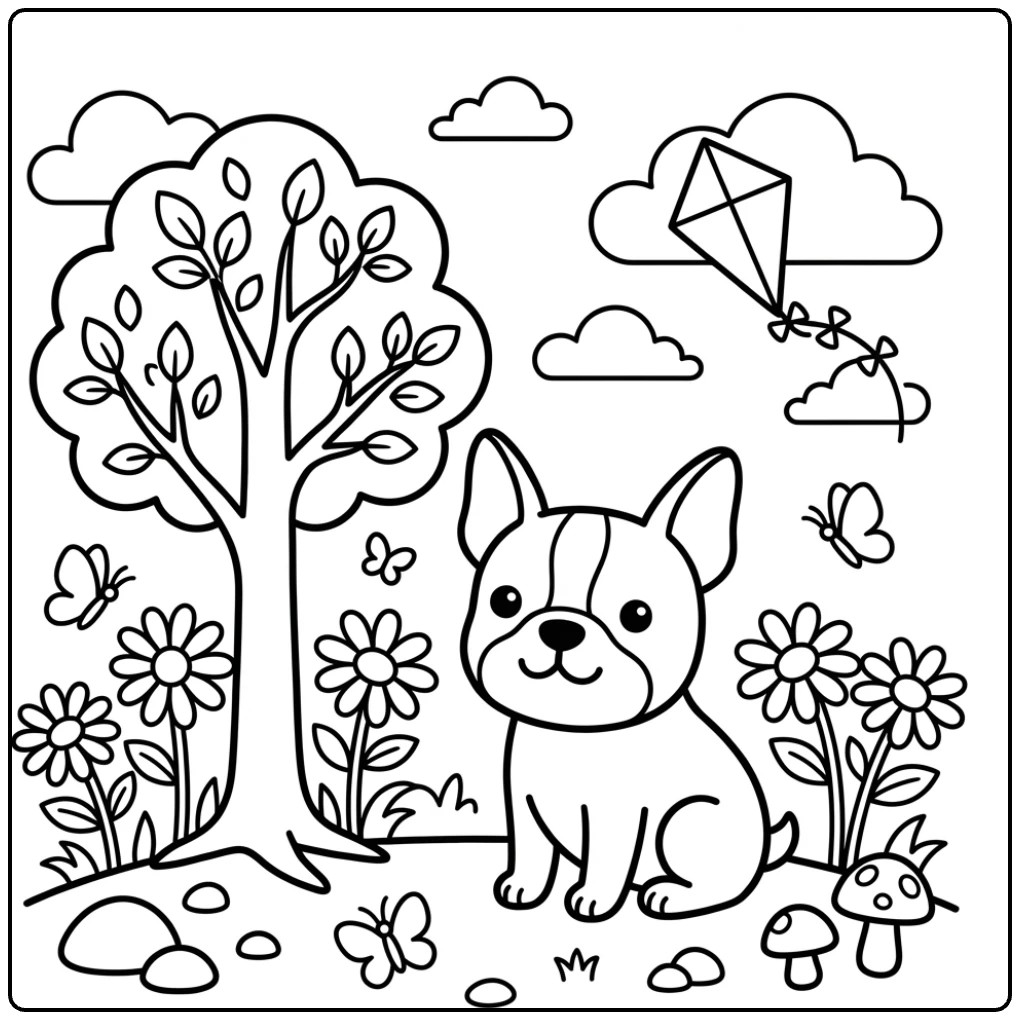Simple Boston Terrier coloring page by a tree and daisies.