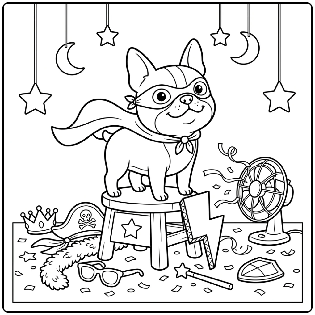 Superhero Boston Terrier coloring page with cape and mask.