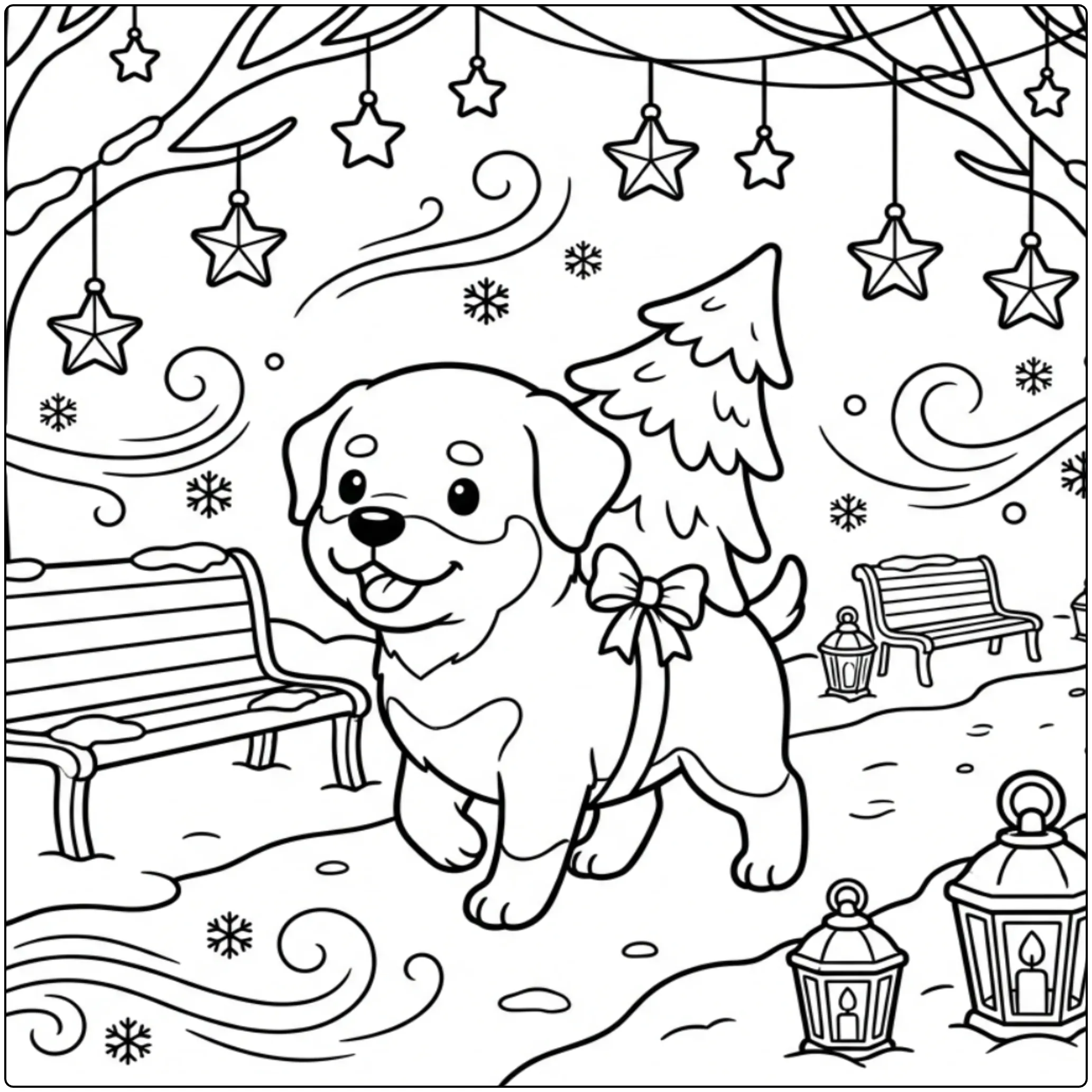 Winter Rottweiler coloring page showing a pup with a tree