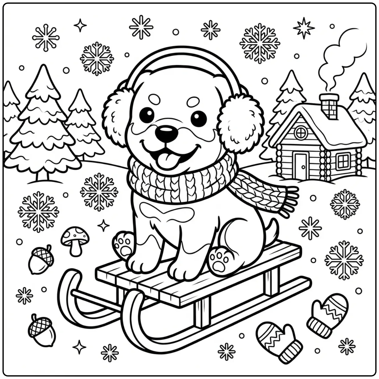 Winter Rottweiler coloring page with a puppy on a sled.