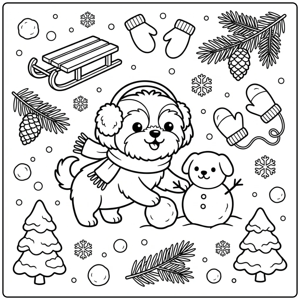 Winter scene Shih Tzu coloring page building a snowman.