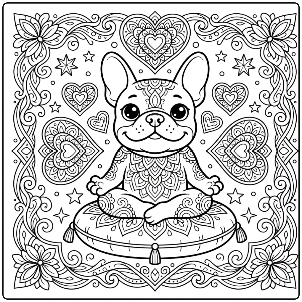 A zen dog in a lotus pose: Mandala French Bulldog Coloring Page.