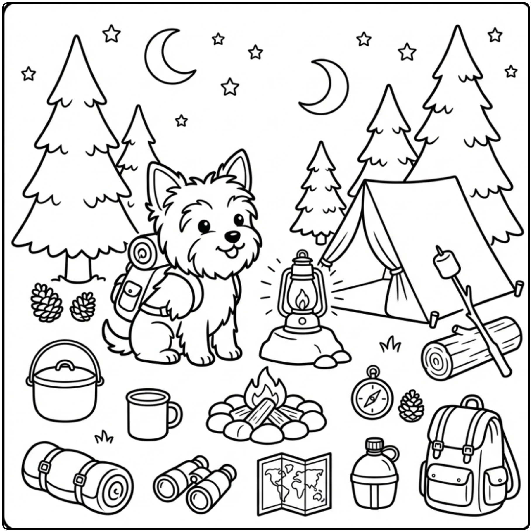 Camping scene Yorkie coloring page with tent and stars.