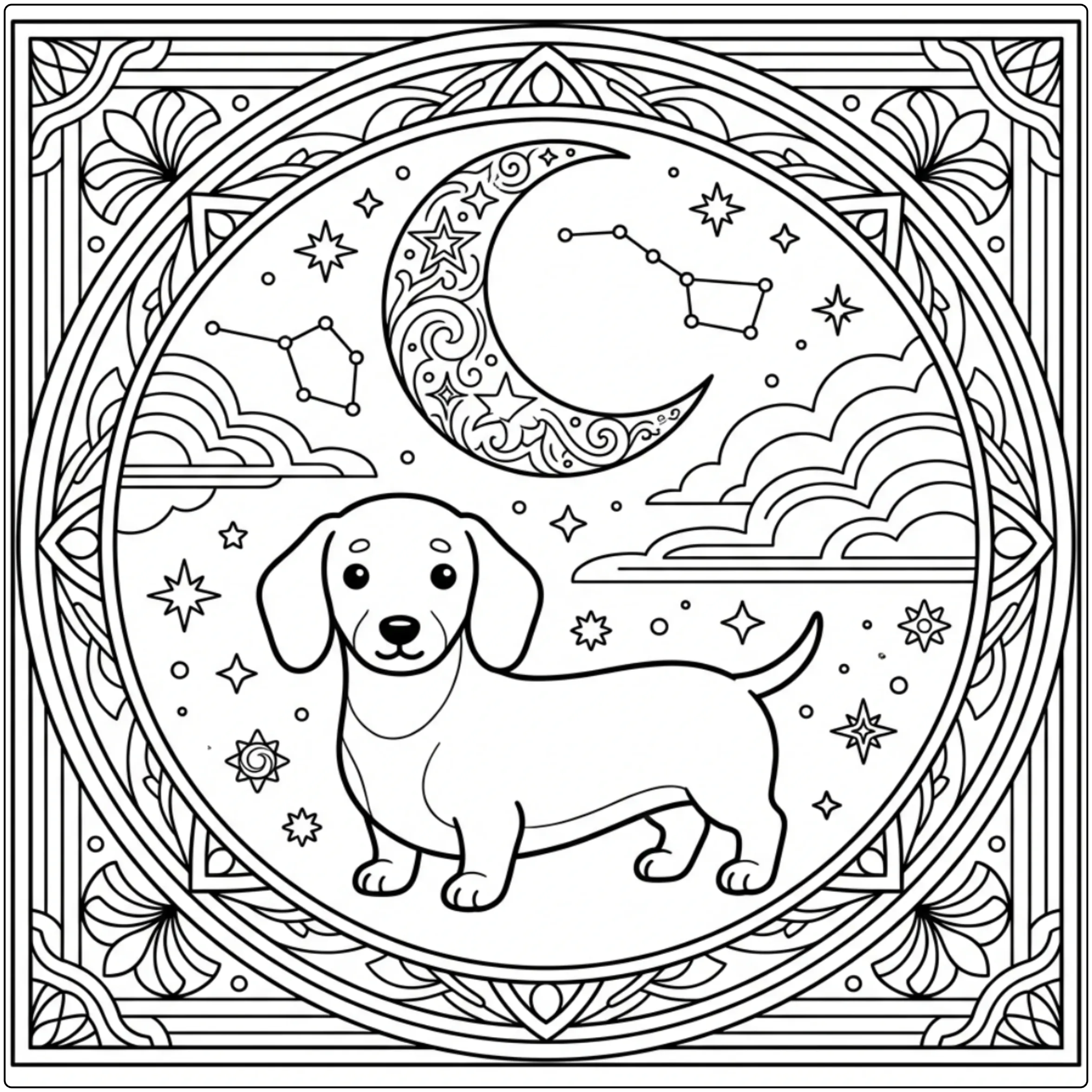 Dachshund coloring page for adults under a crescent moon.