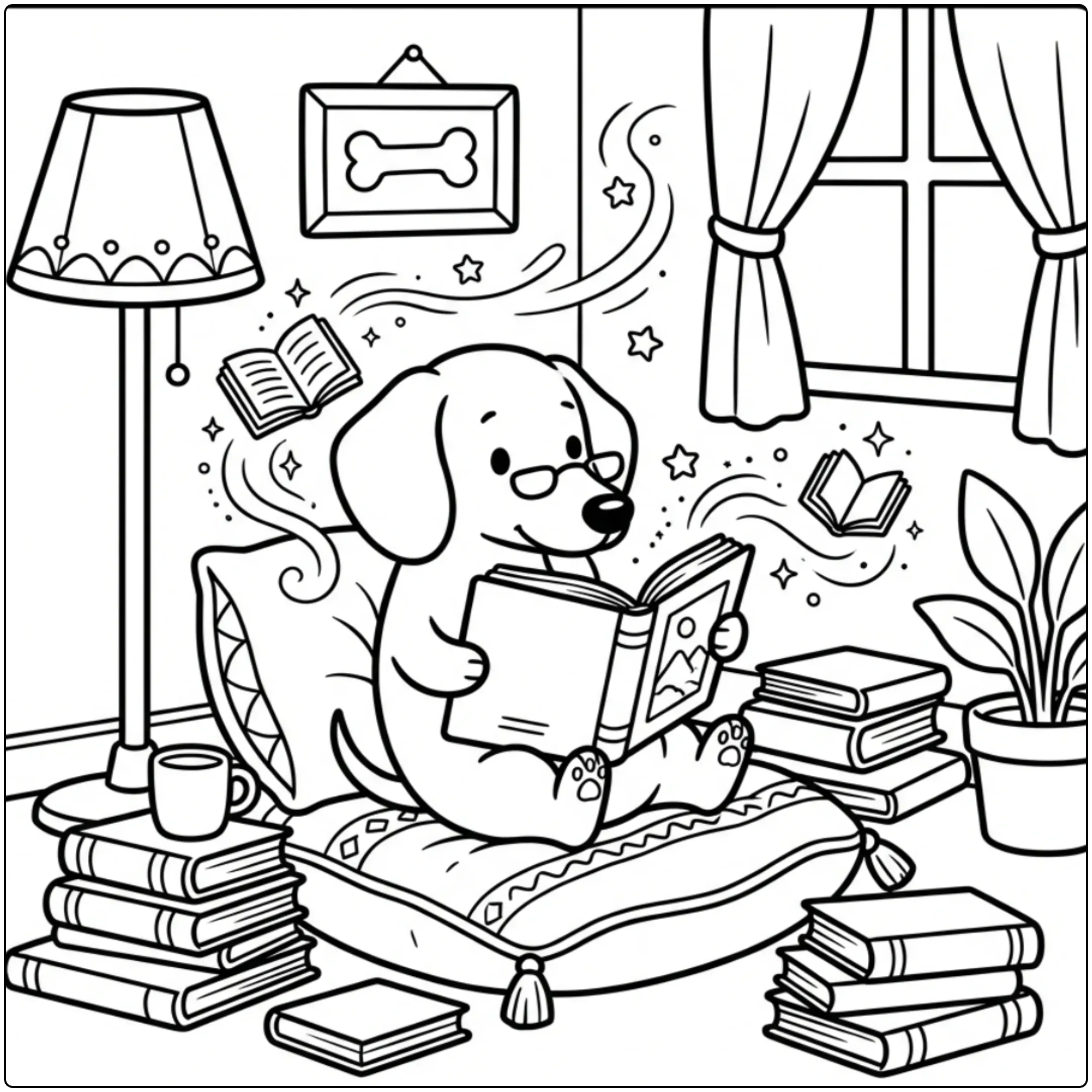 Cute Dachshund coloring page reading a book in a cozy corner.