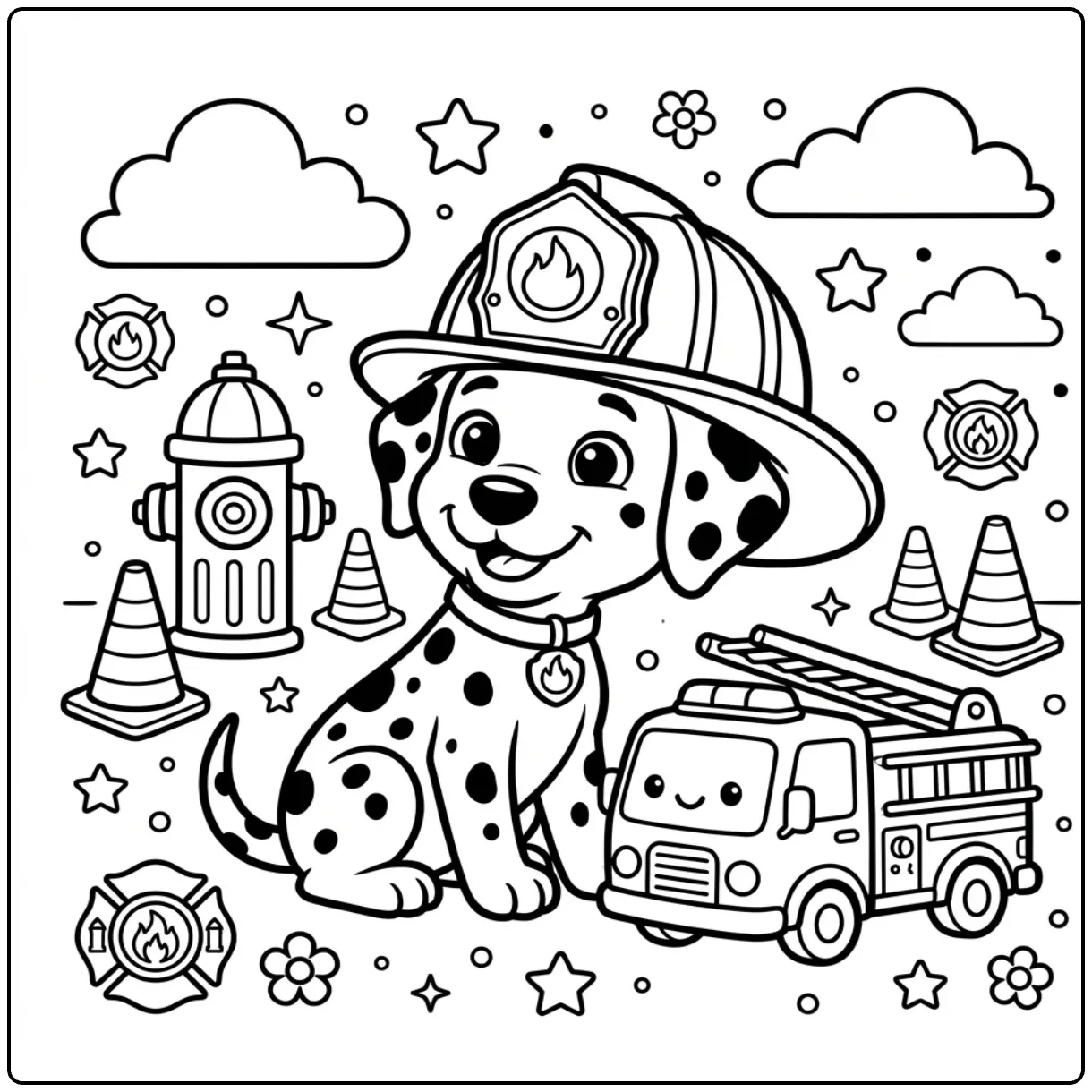 Brave cartoon Dalmatian fire dog coloring page with a truck.
