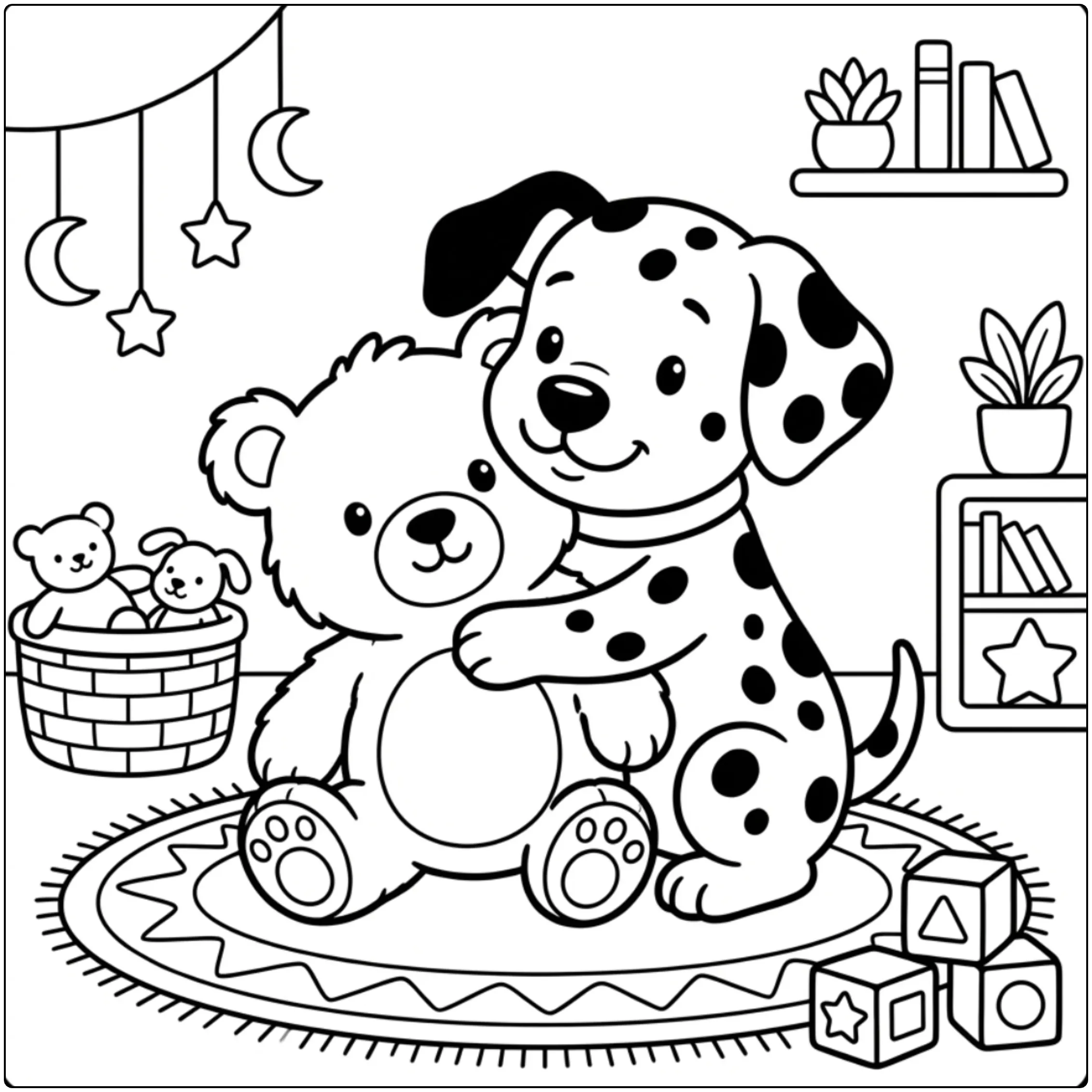 Cute Dalmatian Puppy coloring page hugging a big teddy bear.