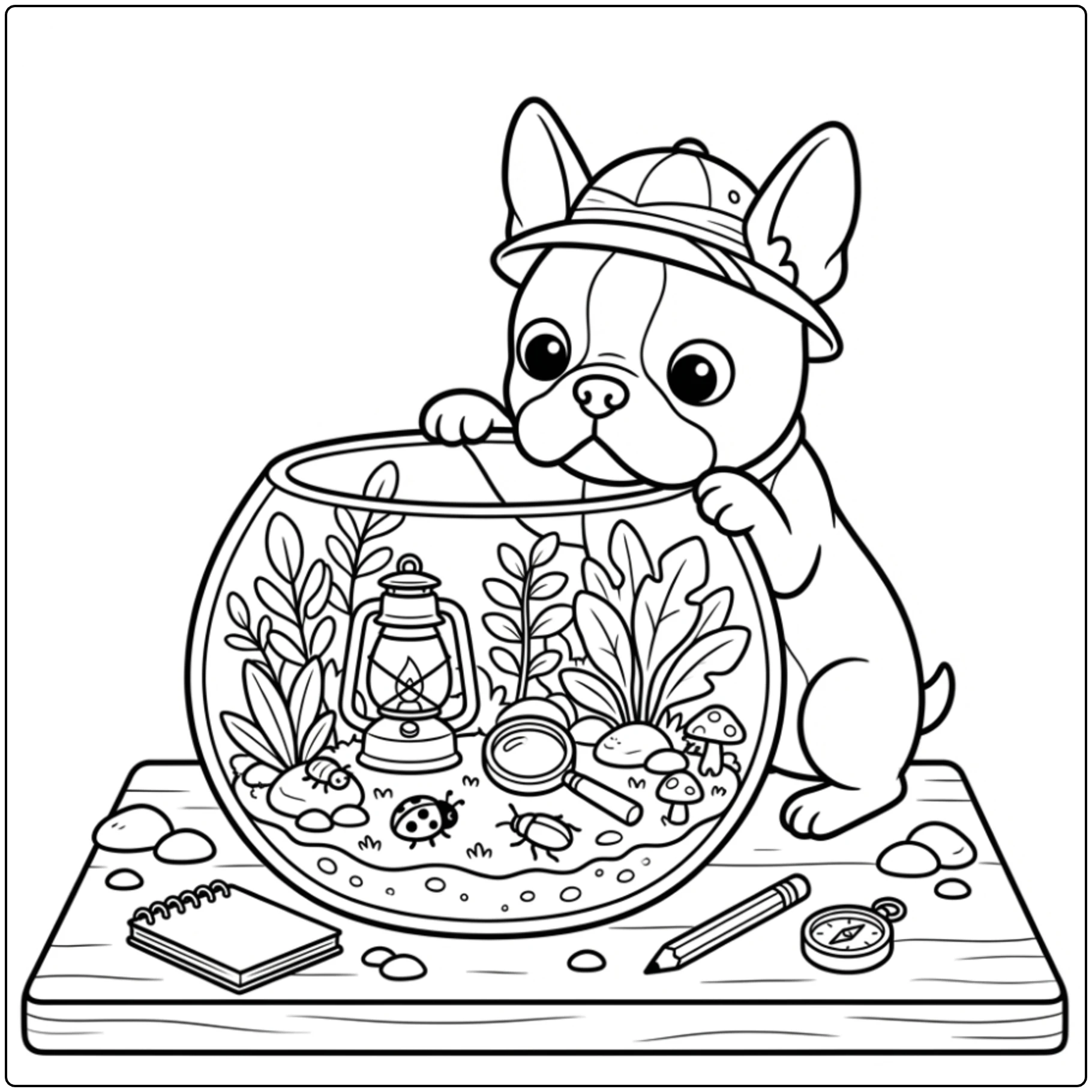 Cute detailed Boston Terrier coloring page with explorer hat