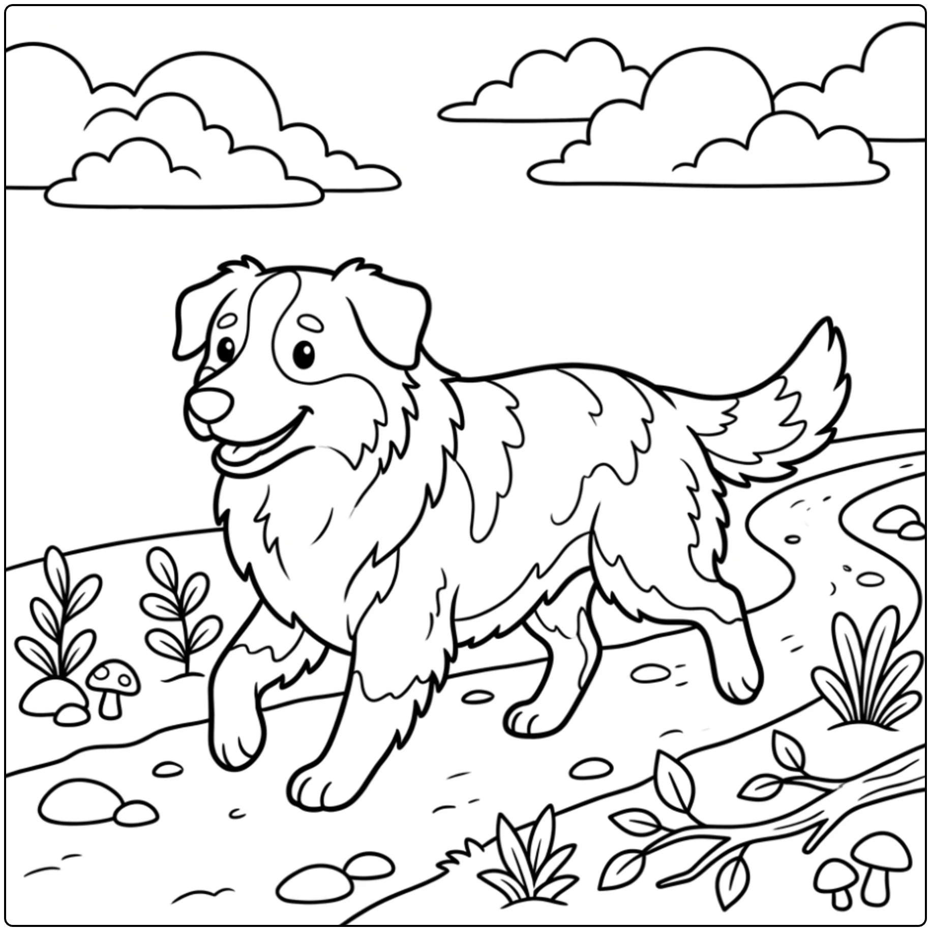 Trotting dog on a realistic Australian Shepherd coloring page.