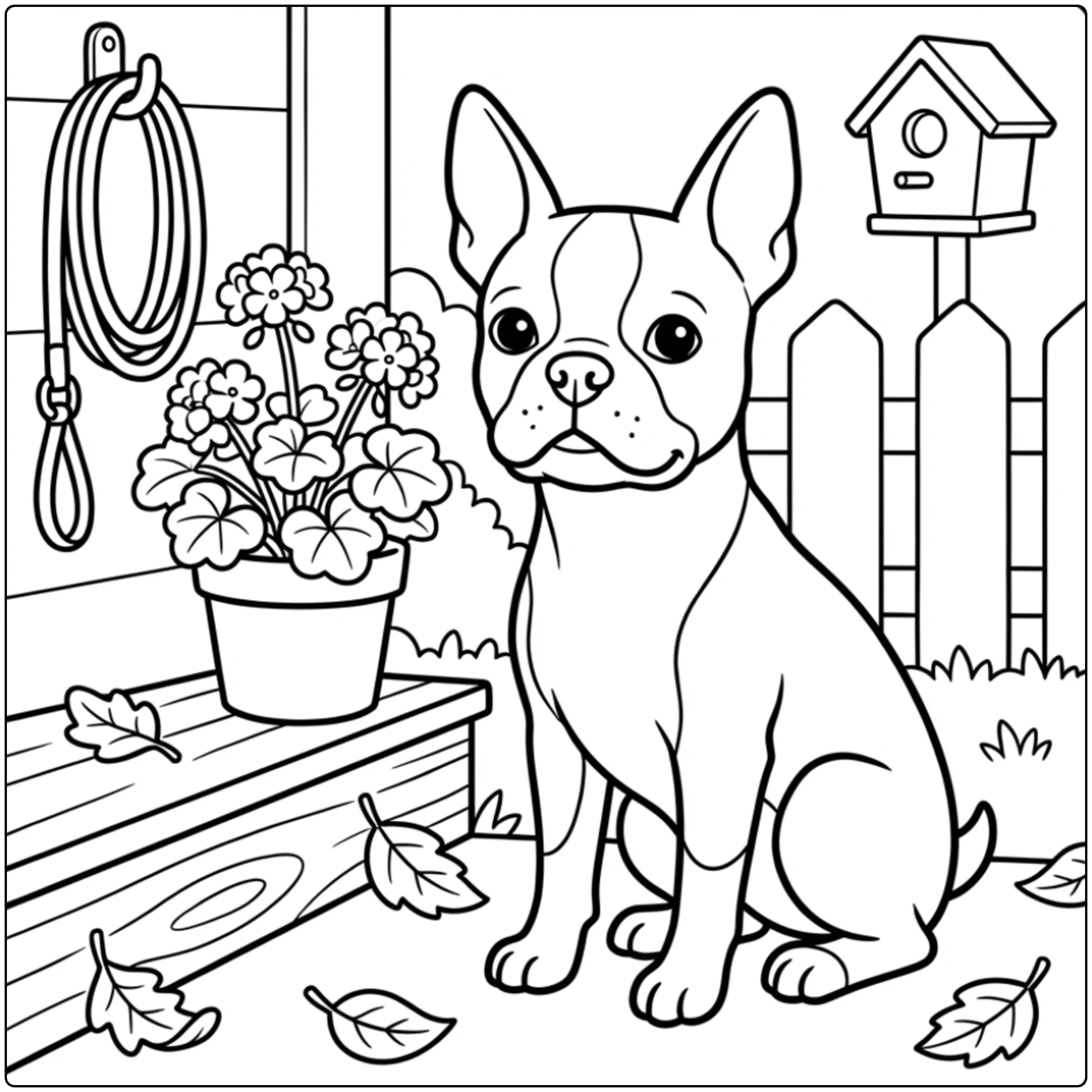 Printable realistic Boston Terrier coloring page near a porch.